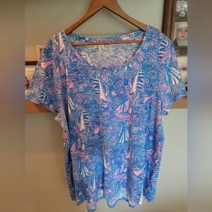 Lilly Pulitzer Etta Scoop Neck tshirt boca blue its a sailabration xxl euc